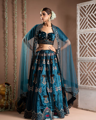 Teal Heavy Velvet Lehenga Set