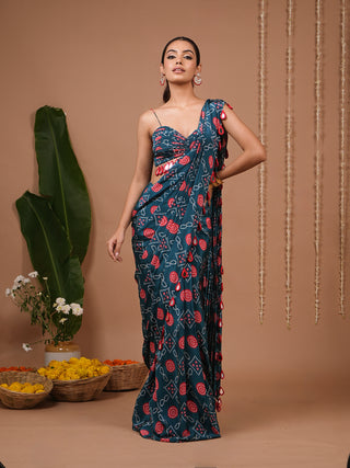 Teal Blue-Red Bandhej Printed Drape Saree