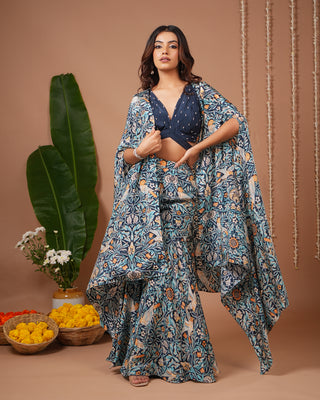 Navy Blue Digital Print Indo Sharara Set