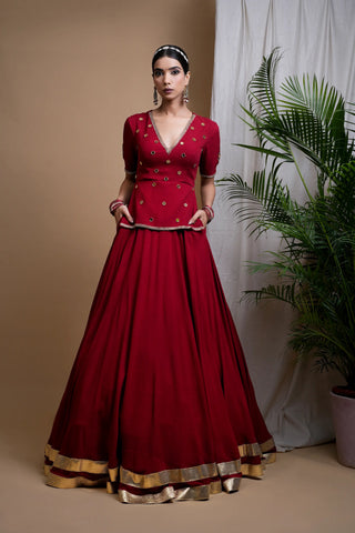 Maroon Heavy Mirror Short Kurti And Lehenga Set