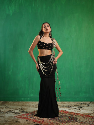 Black heavy mirror draped indo sare set
