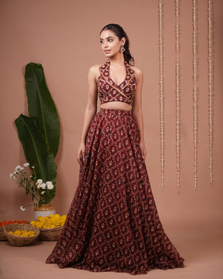 Maroon Halter Laple Neck Indo Lehenga Set