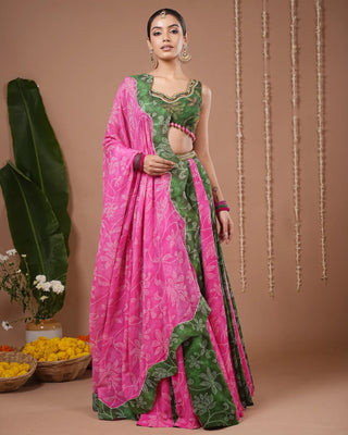 Green - Pink Bandhani Floral Printed Lehenga Set