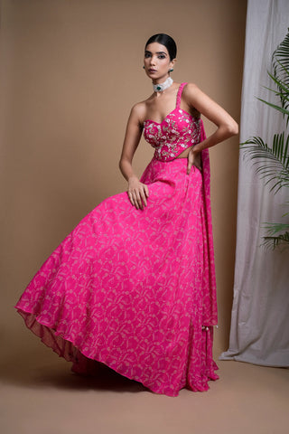 Hot pink digital print indo lehenga set