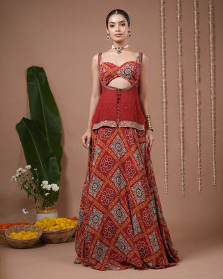 Red Bandhani Printed Lehenga Set