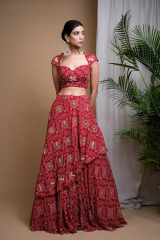 Red bandhani digital print indo lehenga set