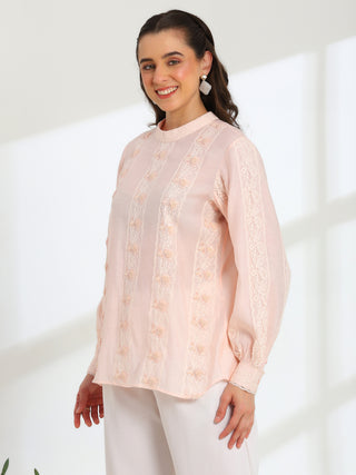 Elan Pink  Hand Embroidered French Lace Silk Cotton Shirt