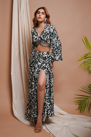 White-Green Digital Printed Drape  Skirt Set