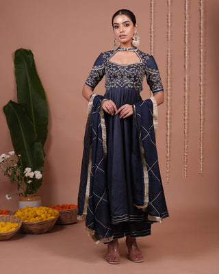 Navy Blue Silk Satin Heavy Anarkali Suit Set