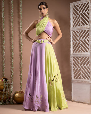Green lilac indo lehenga with belt