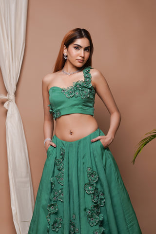 Bright Green 3-D Organza Indo Lehenga Set