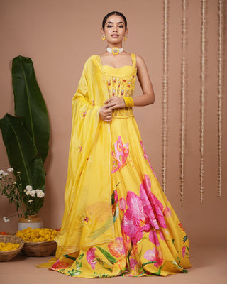 Mustard Floral Printed Corset Heavy Lehenga Set