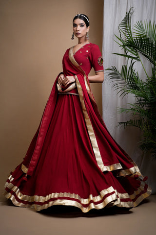 Maroon Heavy Mirror Short Kurti And Lehenga Set