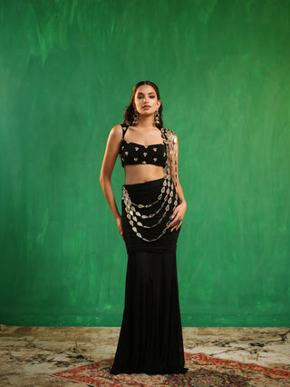 Black heavy mirror draped indo sare set