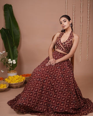 Maroon Halter Laple Neck Indo Lehenga Set