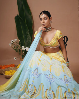Yellow- Firozi Heavy Printed Lehenga Set