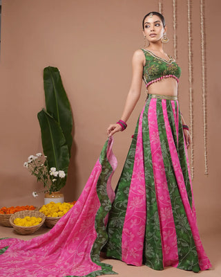Green - Pink Bandhani Floral Printed Lehenga Set