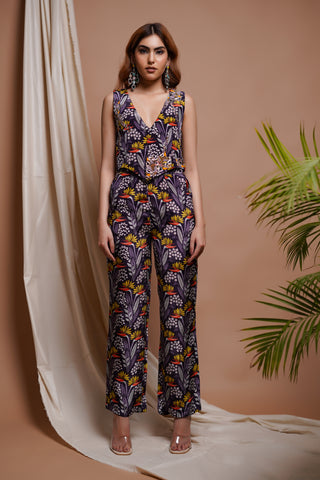 Violet Printed Vest Coat And Palazzo Set