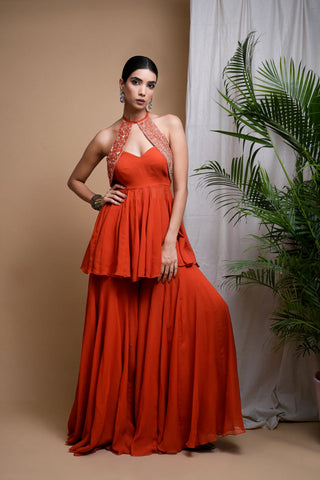 Rust orange indo anarkali suit set