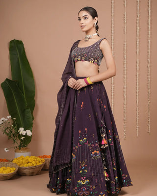 Dark Purple Printed Heavy Lehenga Set