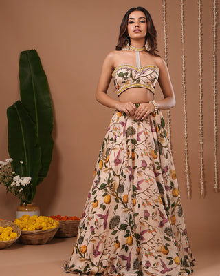 Cream Lemon Printed Indo Lehenga Set