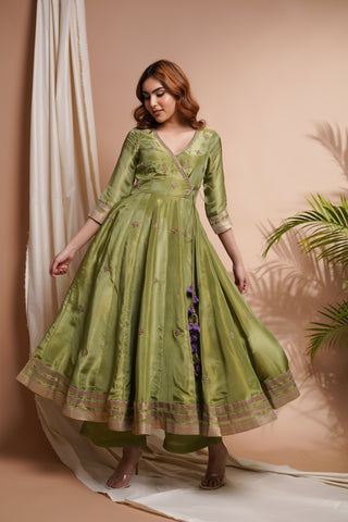 Green Purple Tissue Silk Angrakha Anarkali Set