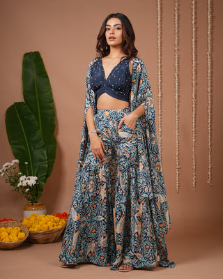 Navy Blue Digital Print Indo Sharara Set