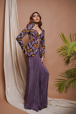 Violet Digital Printed Coat And  Drape Skirt Set