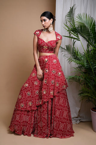 Red bandhani digital print indo lehenga set