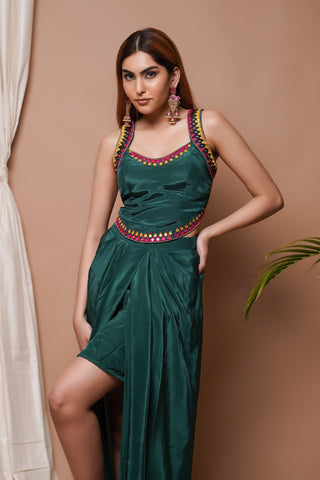 Bottle Green Backless Drape Skirt Set