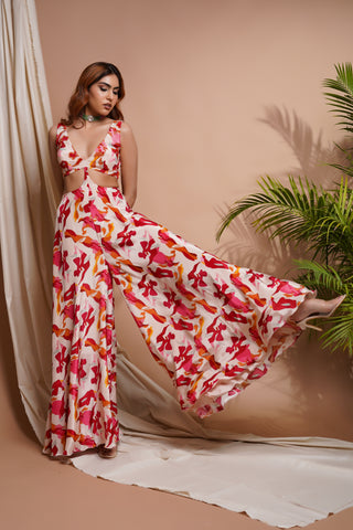 Cream Abstract Printed V-Neck Jumpsuit