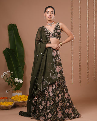 Olive Green Floral Printed Organza Lehenga Set