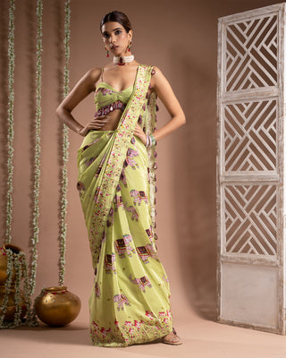 Elephant print green purple pre-draped saree