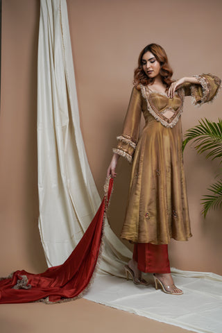 Golden Tissue Silk Anarkali Suit Set
