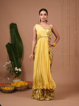 Yellow Printed Indo Saree
