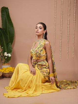 Bright Yellow Printed Halter Neck Indo Drape Set