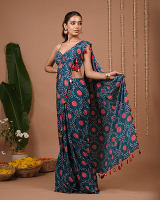 Teal Blue-Red Bandhej Printed Drape Saree