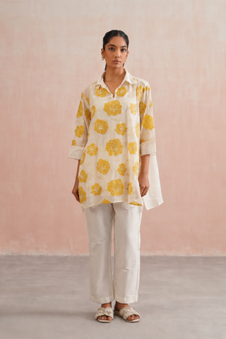 Mul chanderi applique and pearl embroidered oversized top paired with cotton pants