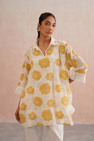 Mul chanderi applique and pearl embroidered oversized top paired with cotton pants