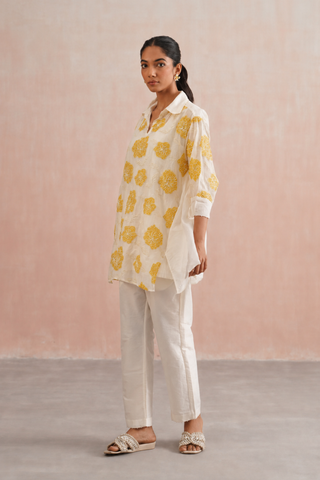 Mul chanderi applique and pearl embroidered oversized top paired with cotton pants