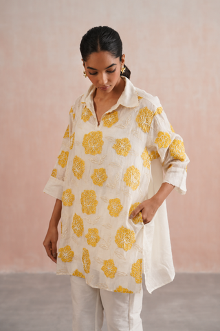 Mul chanderi applique and pearl embroidered oversized top paired with cotton pants