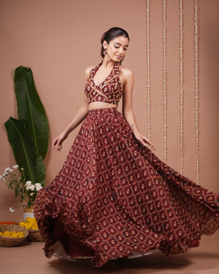Maroon Halter Laple Neck Indo Lehenga Set