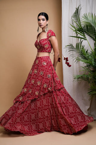 Red bandhani digital print indo lehenga set