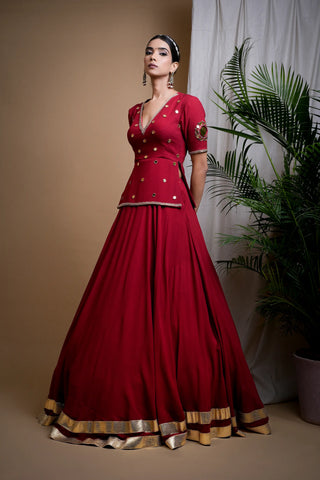 Maroon Heavy Mirror Short Kurti And Lehenga Set