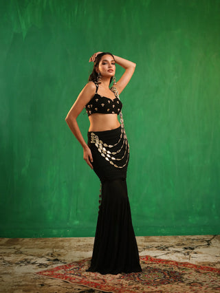 Black heavy mirror draped indo sare set