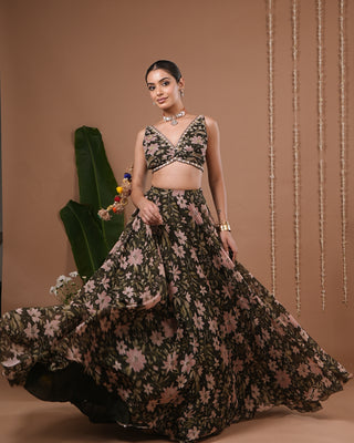 Olive Green Floral Printed Organza Lehenga Set