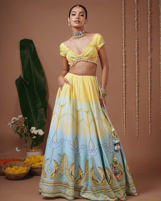 Yellow- Firozi Heavy Printed Lehenga Set