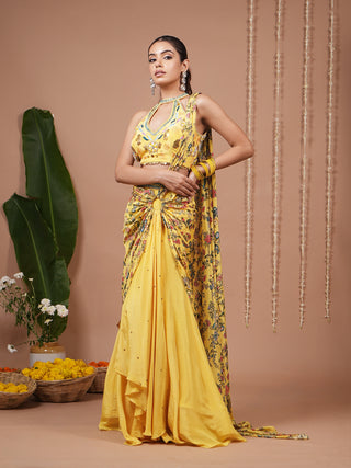 Bright Yellow Printed Halter Neck Indo Drape Set