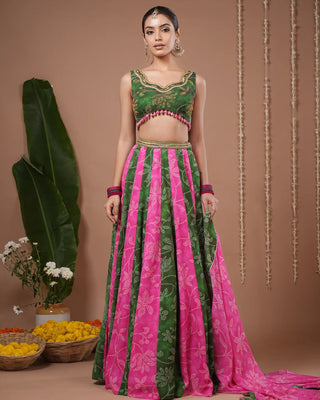 Green - Pink Bandhani Floral Printed Lehenga Set