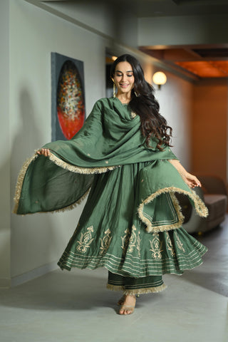 Mehendi green chanderi silk anarkali suit set